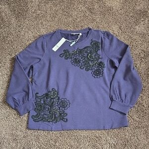 NEW Chico's Purple Black Applique Terry Sweatshirt Zenergy Top M